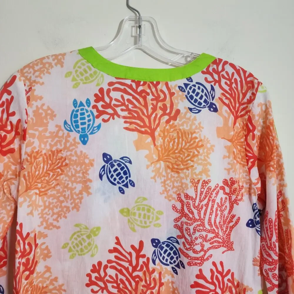 Peppermint bay colorful sea turtle coral print 3/4 sleeve swim coverup woman's S